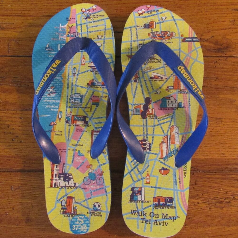 TEL AVIV ISRAEL FLIP FLOPS SANDALS Walk On Map Men/Women Size Small 37-39 VGC!